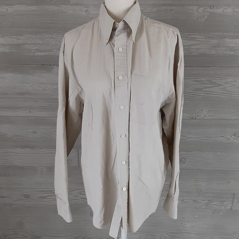 Nautica Mens Large Beige Khaki 100% Cotton Button Down Long Sleeve Shirt L